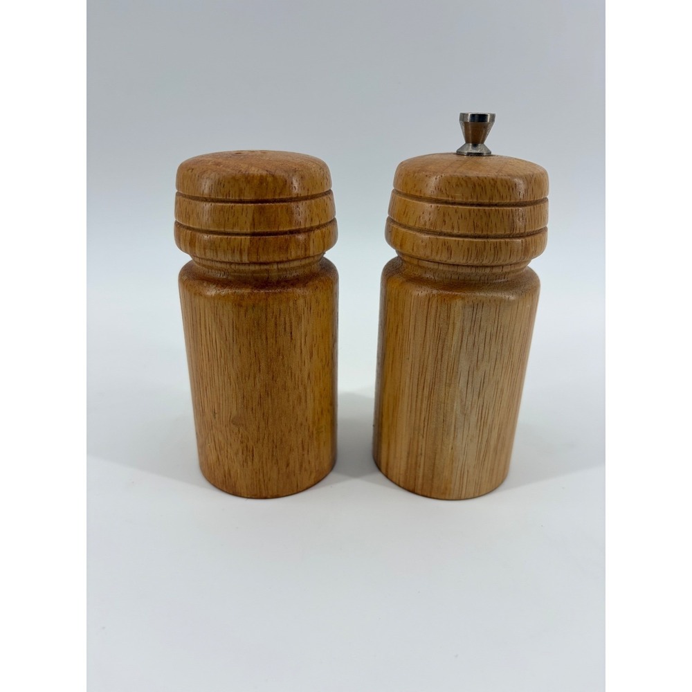 MCM Olde Thompson Salt and Pepper Mill Set Small Brown Wood Ribbed Vintage